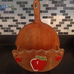 vintage Hand Made Wooden Paper Plate Holder Apples Farmhouse Kitchen Decor